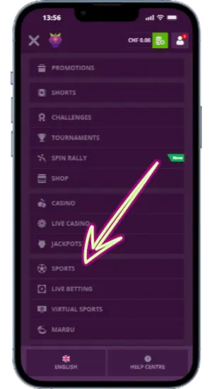 In the main menu of Malina Casino there is a sports section