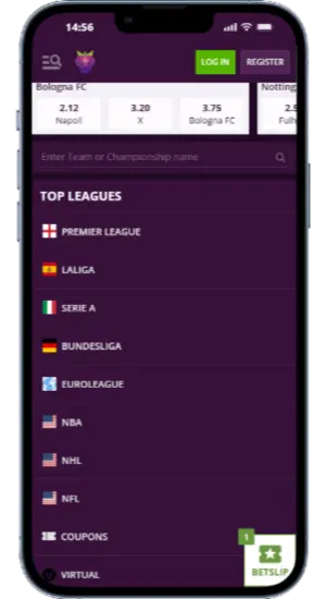 Top sports league section at Malina Casino