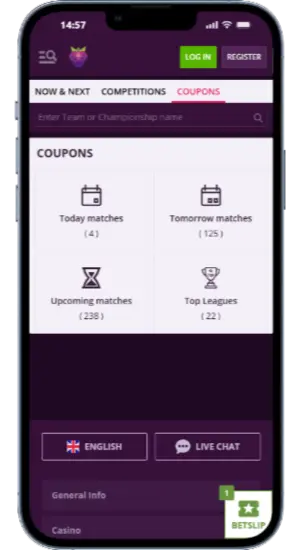 Sports coupon section at Malina Casino